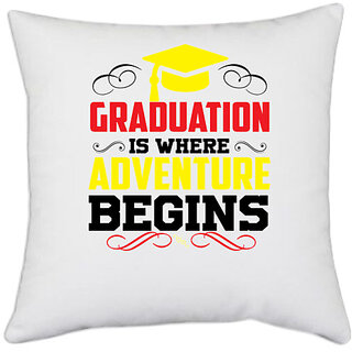                       UDNAG White Polyester 'Happiness | Graduation is where adventure beings' Pillow Cover [16 Inch X 16 Inch]                                              