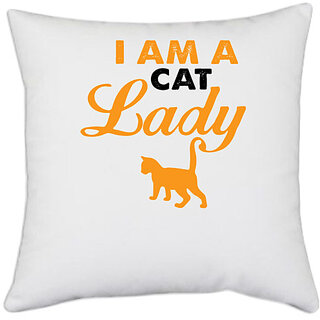                       UDNAG White Polyester 'Cat | I am a cat lady' Pillow Cover [16 Inch X 16 Inch]                                              