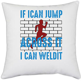                      UDNAG White Polyester 'If i can jump' Pillow Cover [16 Inch X 16 Inch]                                              