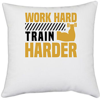                       UDNAG White Polyester 'Trainer, Gym | Work hard' Pillow Cover [16 Inch X 16 Inch]                                              