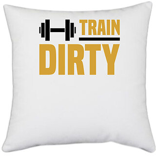                       UDNAG White Polyester 'Trainer gym | Train dirty' Pillow Cover [16 Inch X 16 Inch]                                              