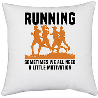                       UDNAG White Polyester 'Running | Running' Pillow Cover [16 Inch X 16 Inch]                                              