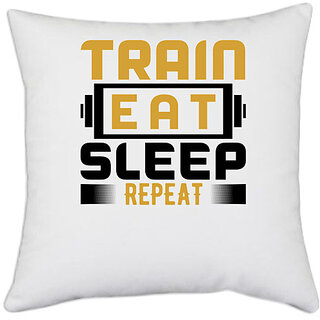                       UDNAG White Polyester 'Life cycle | Train eat' Pillow Cover [16 Inch X 16 Inch]                                              