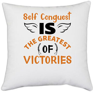                       UDNAG White Polyester 'Victory | Self' Pillow Cover [16 Inch X 16 Inch]                                              