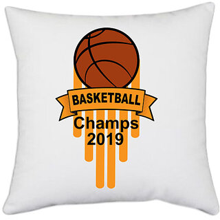                       UDNAG White Polyester 'Basketball | BASKETBALL CHAMPS' Pillow Cover [16 Inch X 16 Inch]                                              