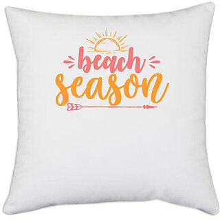                       UDNAG White Polyester 'Summer | beach season' Pillow Cover [16 Inch X 16 Inch]                                              