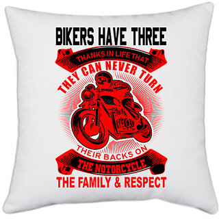                       UDNAG White Polyester 'Biker | BIKERS HAVE THREE' Pillow Cover [16 Inch X 16 Inch]                                              