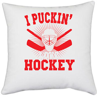                       UDNAG White Polyester 'Hockey | I PUCKIN LOVE' Pillow Cover [16 Inch X 16 Inch]                                              