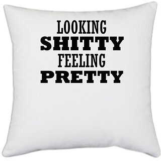                       UDNAG White Polyester 'Pretty | LOOKING' Pillow Cover [16 Inch X 16 Inch]                                              