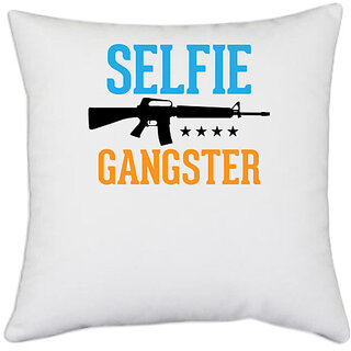                       UDNAG White Polyester 'Gangster | SELFIE' Pillow Cover [16 Inch X 16 Inch]                                              