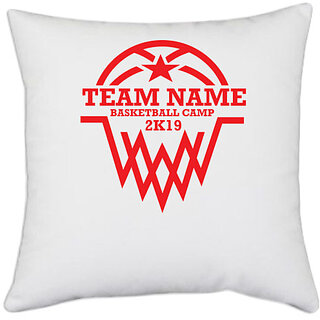                       UDNAG White Polyester 'Basketball | TEAM NAME BASKETBALL' Pillow Cover [16 Inch X 16 Inch]                                              