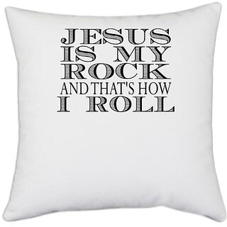                       UDNAG White Polyester 'my rock and thats how I roll' Pillow Cover [16 Inch X 16 Inch]                                              