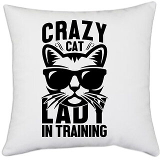                       UDNAG White Polyester 'Cat Lady | Crazy cat' Pillow Cover [16 Inch X 16 Inch]                                              