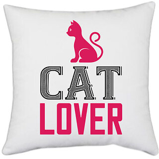                       UDNAG White Polyester 'Cat | cat lover' Pillow Cover [16 Inch X 16 Inch]                                              