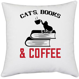                       UDNAG White Polyester 'Coffee | ats book and coffee' Pillow Cover [16 Inch X 16 Inch]                                              