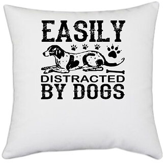                       UDNAG White Polyester 'Dog | Easily' Pillow Cover [16 Inch X 16 Inch]                                              