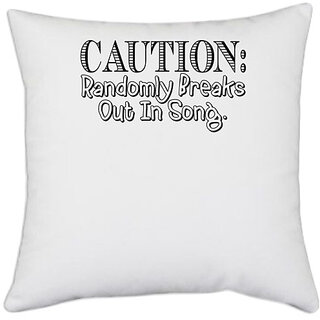                       UDNAG White Polyester 'Caution | caution randomly' Pillow Cover [16 Inch X 16 Inch]                                              