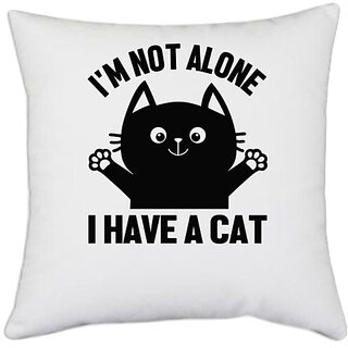                       UDNAG White Polyester 'Cat | I'm not alone' Pillow Cover [16 Inch X 16 Inch]                                              