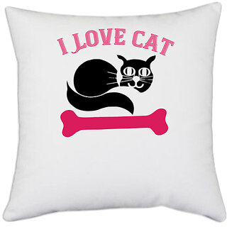                       UDNAG White Polyester 'Cat | i love cat 01' Pillow Cover [16 Inch X 16 Inch]                                              