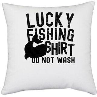                       UDNAG White Polyester 'Fishing | Lucky Fishing' Pillow Cover [16 Inch X 16 Inch]                                              