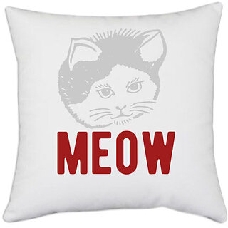                       UDNAG White Polyester 'Cat | meow 1' Pillow Cover [16 Inch X 16 Inch]                                              