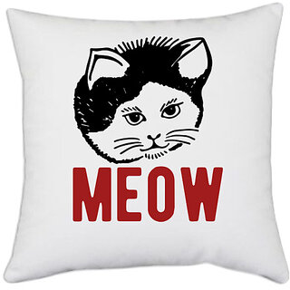                       UDNAG White Polyester 'Cat | meow' Pillow Cover [16 Inch X 16 Inch]                                              