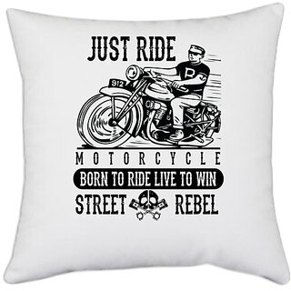                       UDNAG White Polyester 'Rider | Just ride' Pillow Cover [16 Inch X 16 Inch]                                              