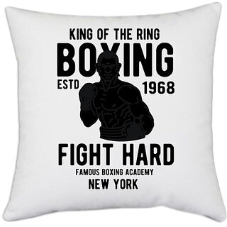                       UDNAG White Polyester 'Boxing | King of The Ring' Pillow Cover [16 Inch X 16 Inch]                                              
