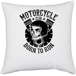                       UDNAG White Polyester 'Death Rider | Motorcycle club' Pillow Cover [16 Inch X 16 Inch]                                              