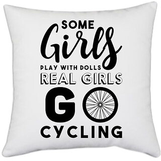                       UDNAG White Polyester 'Cycling | Some Girls Playing with Dolls' Pillow Cover [16 Inch X 16 Inch]                                              