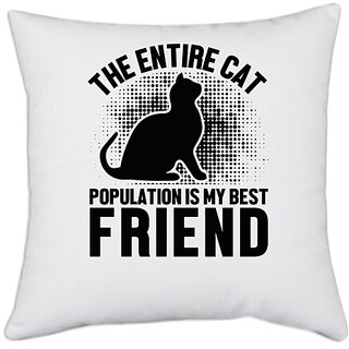                       UDNAG White Polyester 'Cat friend | The entire cat' Pillow Cover [16 Inch X 16 Inch]                                              