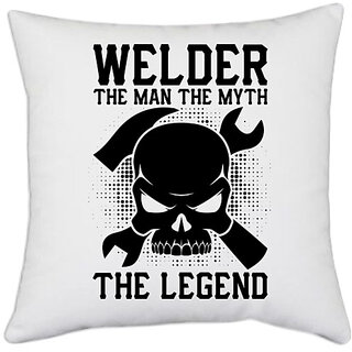                       UDNAG White Polyester 'Welder | Welder the man' Pillow Cover [16 Inch X 16 Inch]                                              