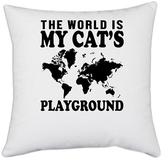                       UDNAG White Polyester 'Cat | The world is' Pillow Cover [16 Inch X 16 Inch]                                              