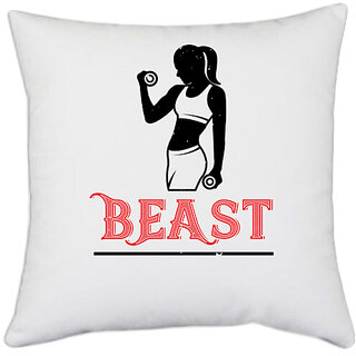                       UDNAG White Polyester 'Gym | beast' Pillow Cover [16 Inch X 16 Inch]                                              