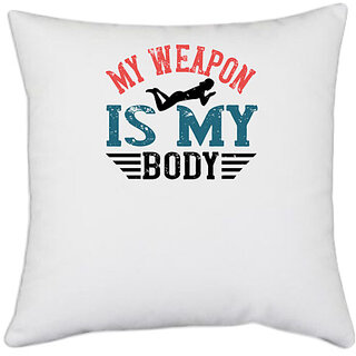                       UDNAG White Polyester 'Swimming | My weapon is my body' Pillow Cover [16 Inch X 16 Inch]                                              