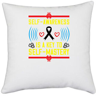                       UDNAG White Polyester 'Awareness | Self wareness is a key to self mastery' Pillow Cover [16 Inch X 16 Inch]                                              