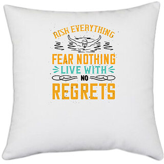                       UDNAG White Polyester 'Swimming | RISK EVERYTHING FEAR NOTHING' Pillow Cover [16 Inch X 16 Inch]                                              
