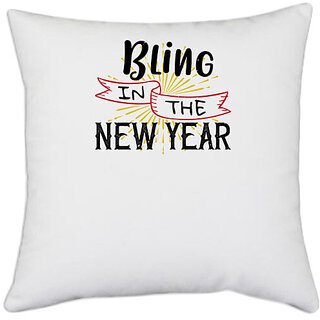                       UDNAG White Polyester 'Christmas | Bling in the New Year' Pillow Cover [16 Inch X 16 Inch]                                              