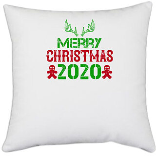                       UDNAG White Polyester 'Christmas | merry christmas 2020' Pillow Cover [16 Inch X 16 Inch]                                              