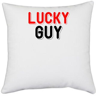                       UDNAG White Polyester 'Guy | lucky guy' Pillow Cover [16 Inch X 16 Inch]                                              