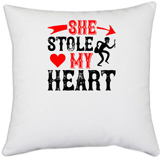                      UDNAG White Polyester 'Love | she stole my heart' Pillow Cover [16 Inch X 16 Inch]                                              