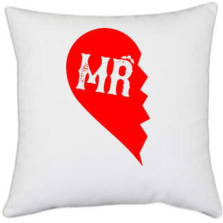                       UDNAG White Polyester 'Couple | Mr' Pillow Cover [16 Inch X 16 Inch]                                              