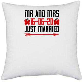                       UDNAG White Polyester 'Couple | Mr.and Mrs.just married,' Pillow Cover [16 Inch X 16 Inch]                                              