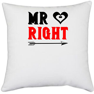                       UDNAG White Polyester 'Couple | Mr.right' Pillow Cover [16 Inch X 16 Inch]                                              
