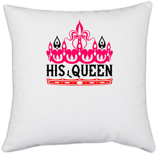                       UDNAG White Polyester 'Couple | his Queen' Pillow Cover [16 Inch X 16 Inch]                                              