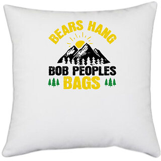                       UDNAG White Polyester 'Adventure | Bears hang Bob Peoples' bags' Pillow Cover [16 Inch X 16 Inch]                                              