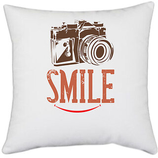                       UDNAG White Polyester 'Cameraman | SMILE' Pillow Cover [16 Inch X 16 Inch]                                              