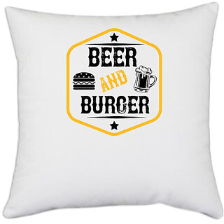                       UDNAG White Polyester 'Beer | Beer and burger' Pillow Cover [16 Inch X 16 Inch]                                              