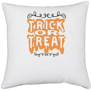                       UDNAG White Polyester 'Witch | trick or tread' Pillow Cover [16 Inch X 16 Inch]                                              
