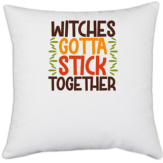                       UDNAG White Polyester 'Witch | witches' Pillow Cover [16 Inch X 16 Inch]                                              